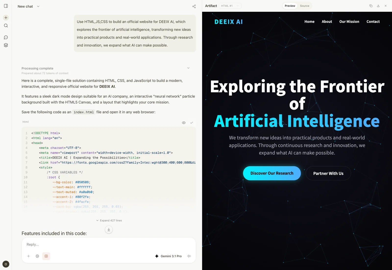 DEEIX ChatのArtifacts機能。チャットでHTML/CSS/JSのコードを生成し、右ペインでライブプレビューとソースを切り替えて確認できる
