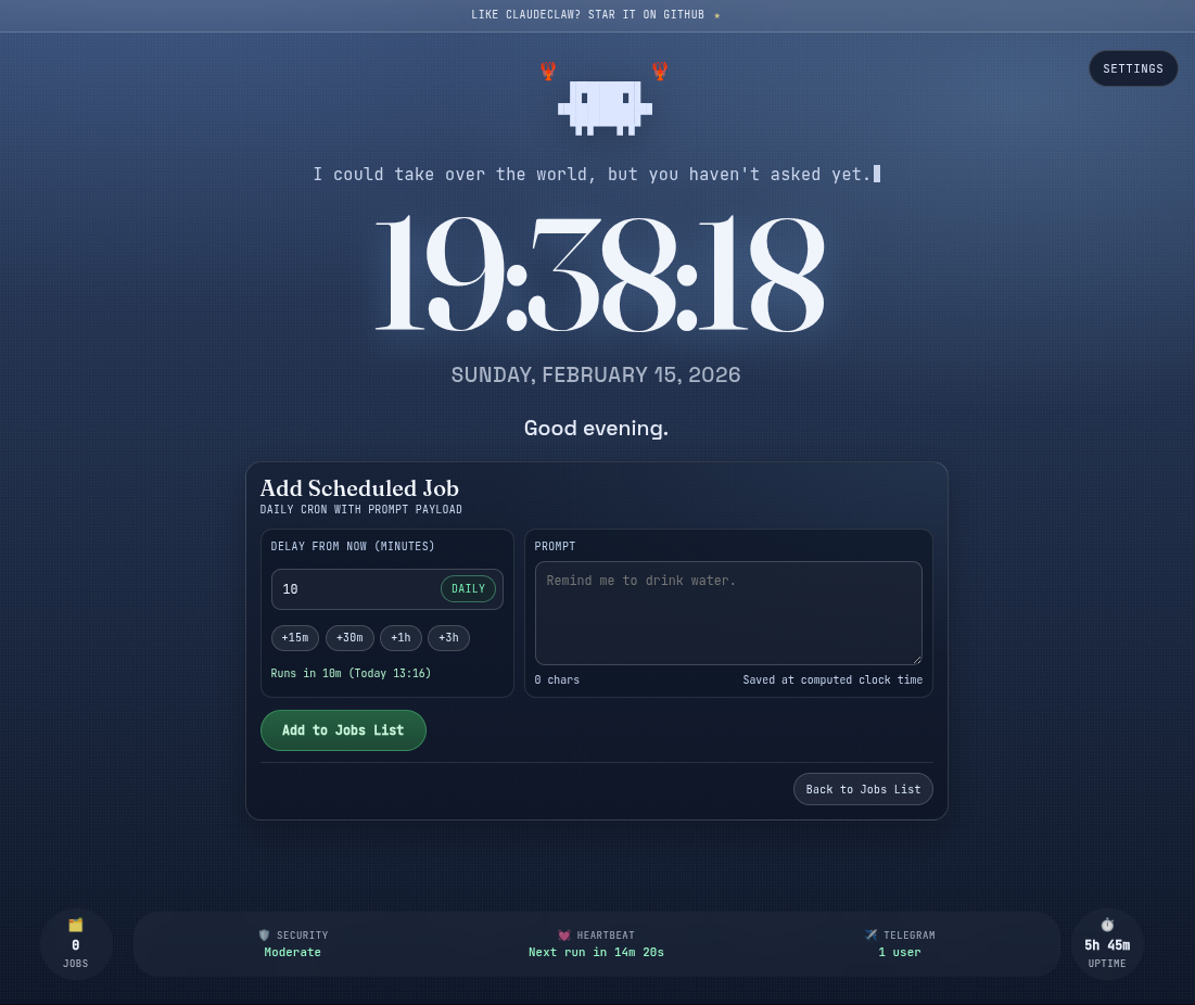 ClaudeClawのWebダッシュボード。ジョブの管理と実行ログをブラウザから確認できる