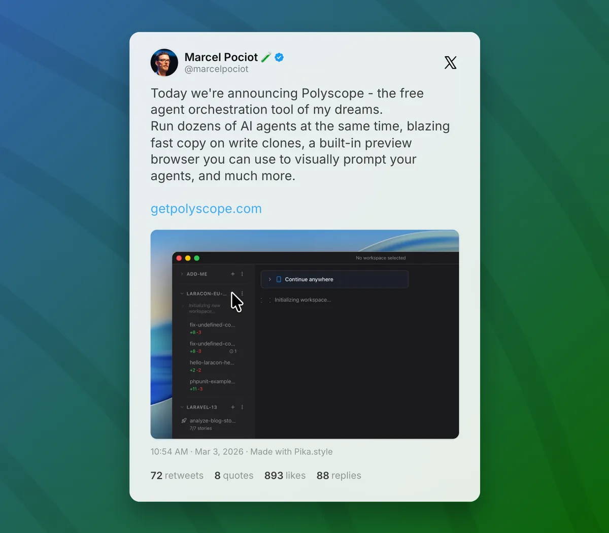 Polyscope のワークスペース詳細画面。エージェントとのやり取りと差分確認のUI