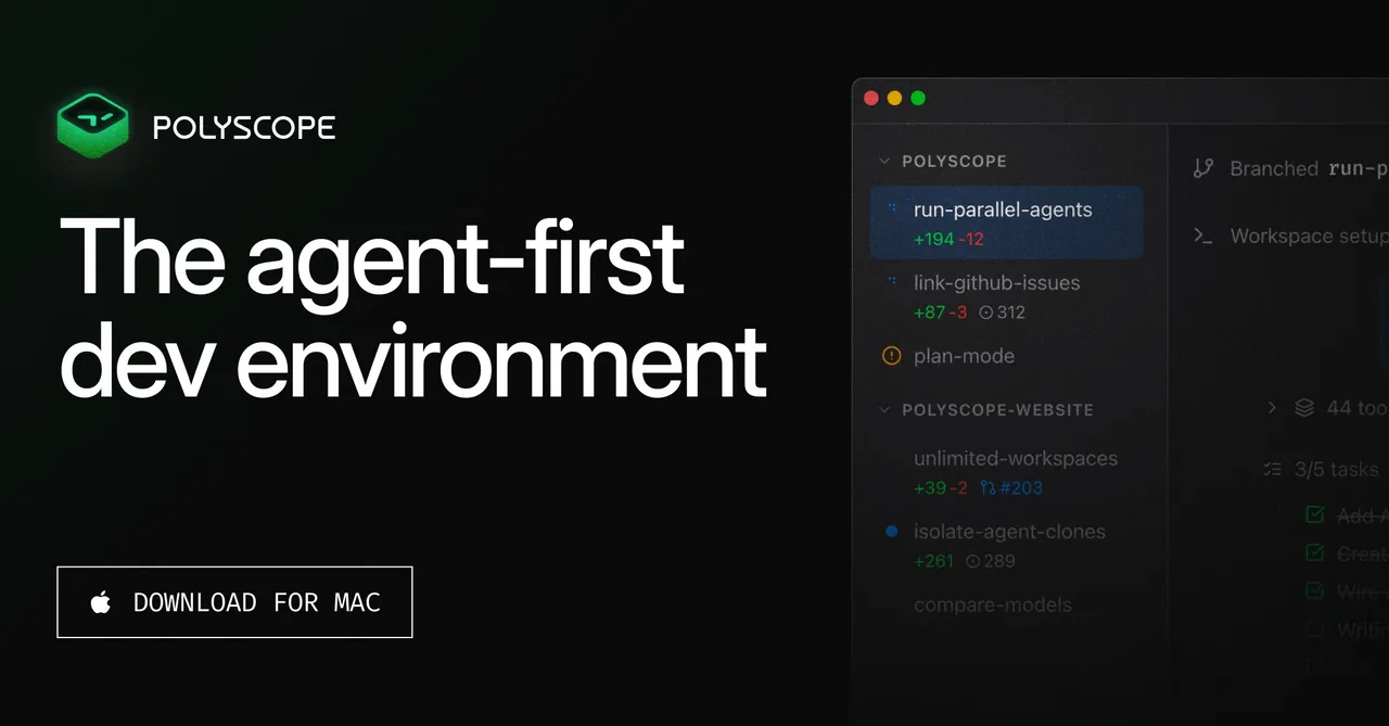 Polyscope の運用画面。複数のエージェント・ワークスペースが1つのウィンドウに並ぶ