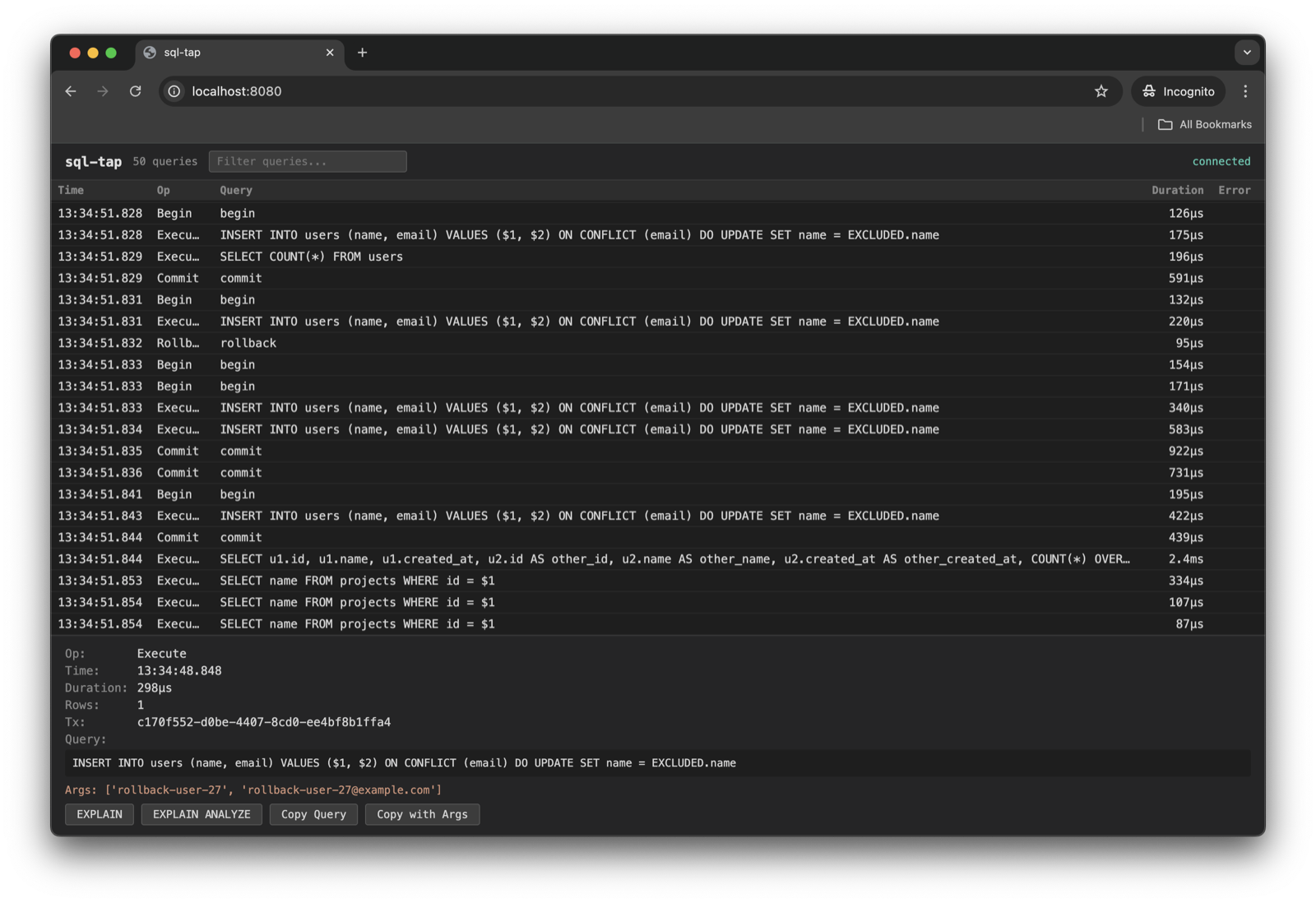 sql-tapのWeb UI。ブラウザ上にクエリの一覧と実行時間、EXPLAINやコピーのボタンが並ぶ