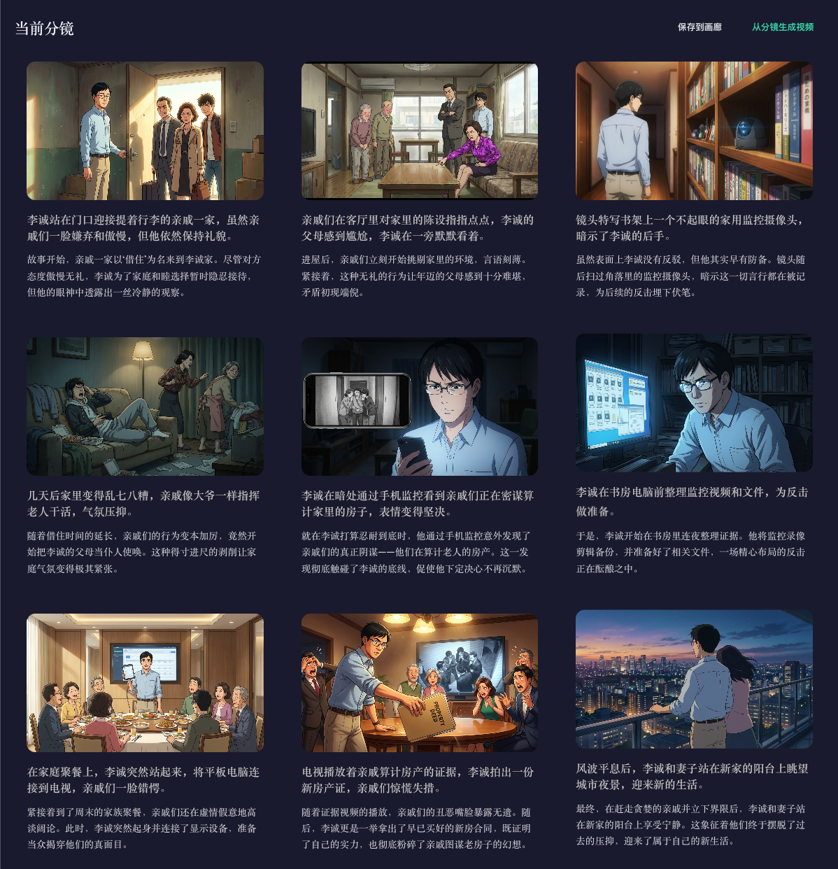 StoryGen Atelierの絵コンテ編集UI。各カットのフレーム画像とプロンプトがカード状に並ぶ