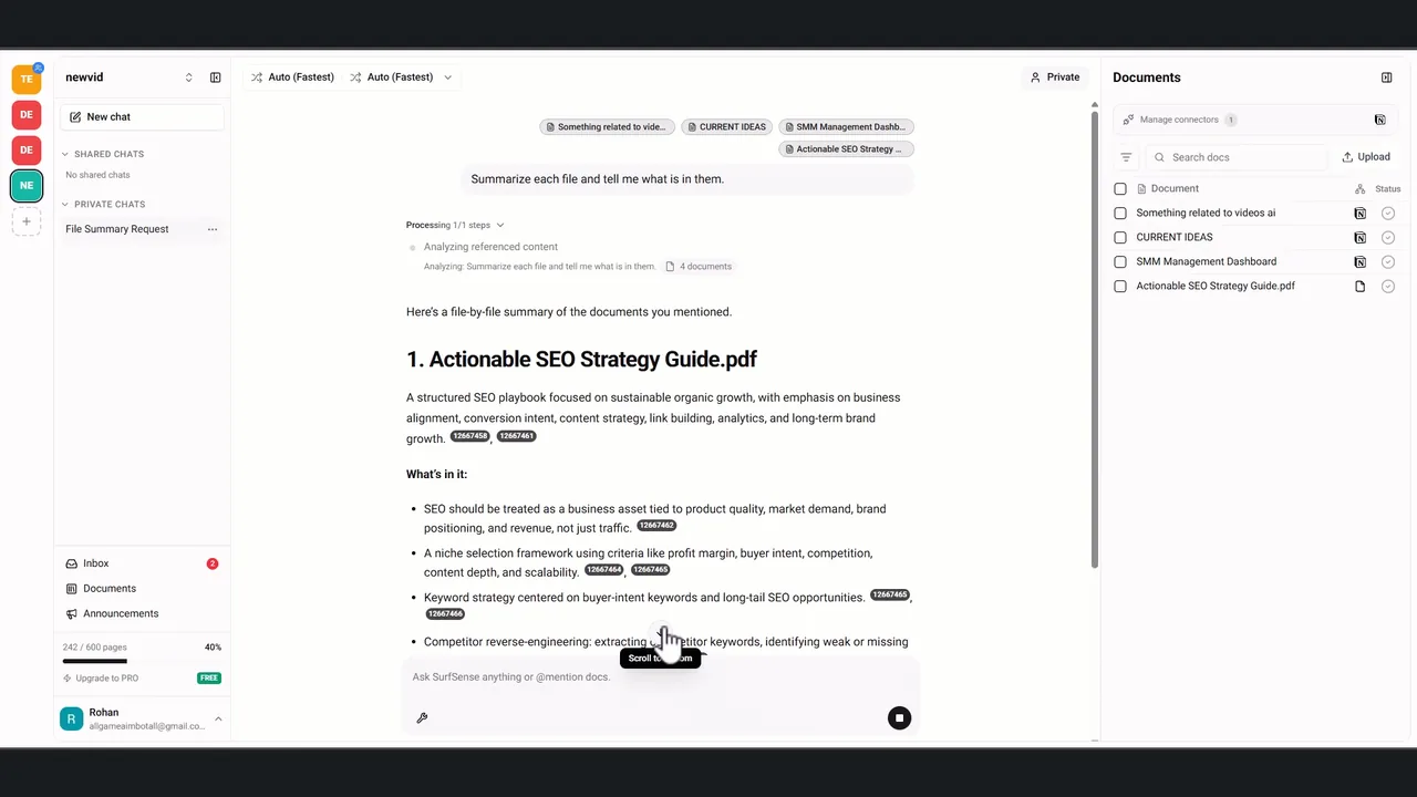 SurfSenseのチャット画面。アップロードしたPDFやドキュメントに引用付きで回答する