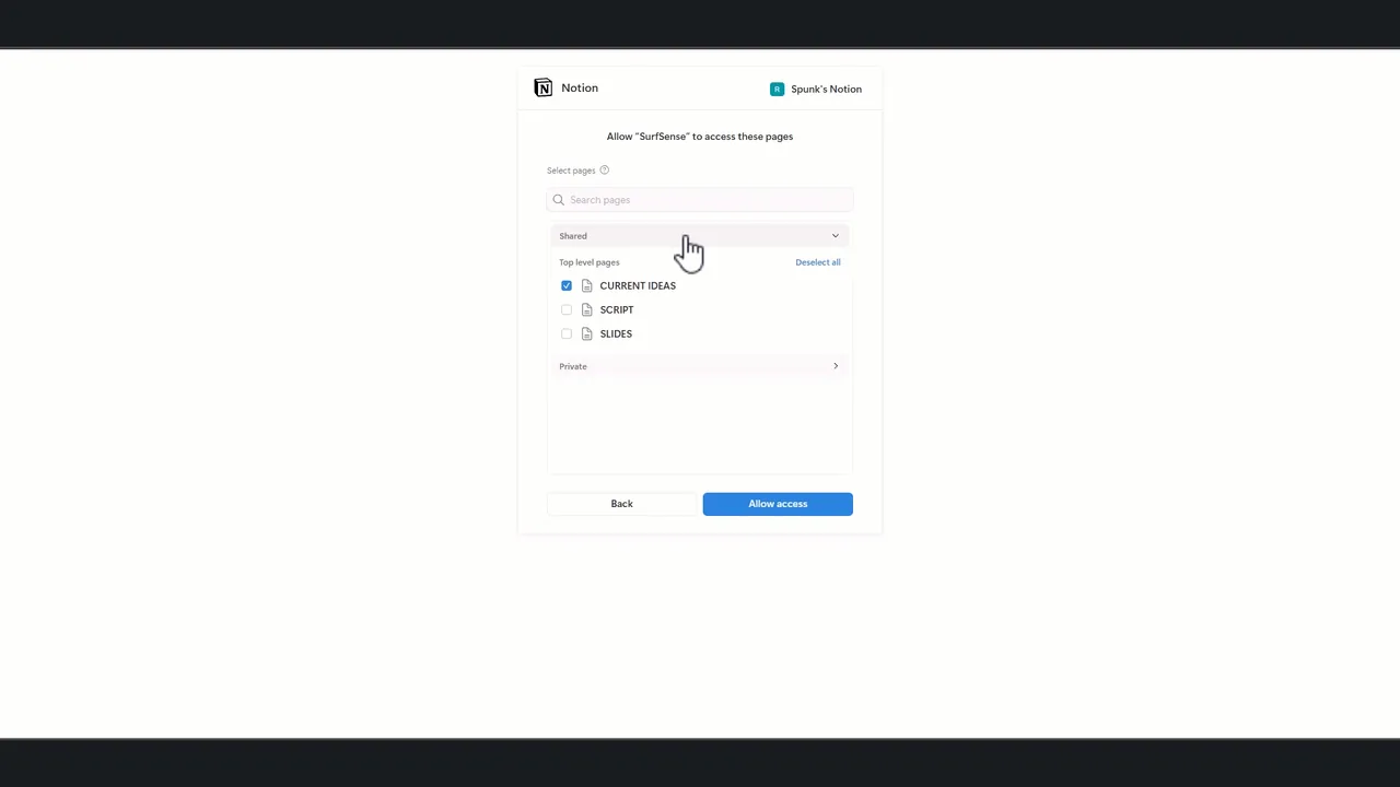 SurfSenseでNotionを連携するOAuth許可画面。インデックスするページを選択している