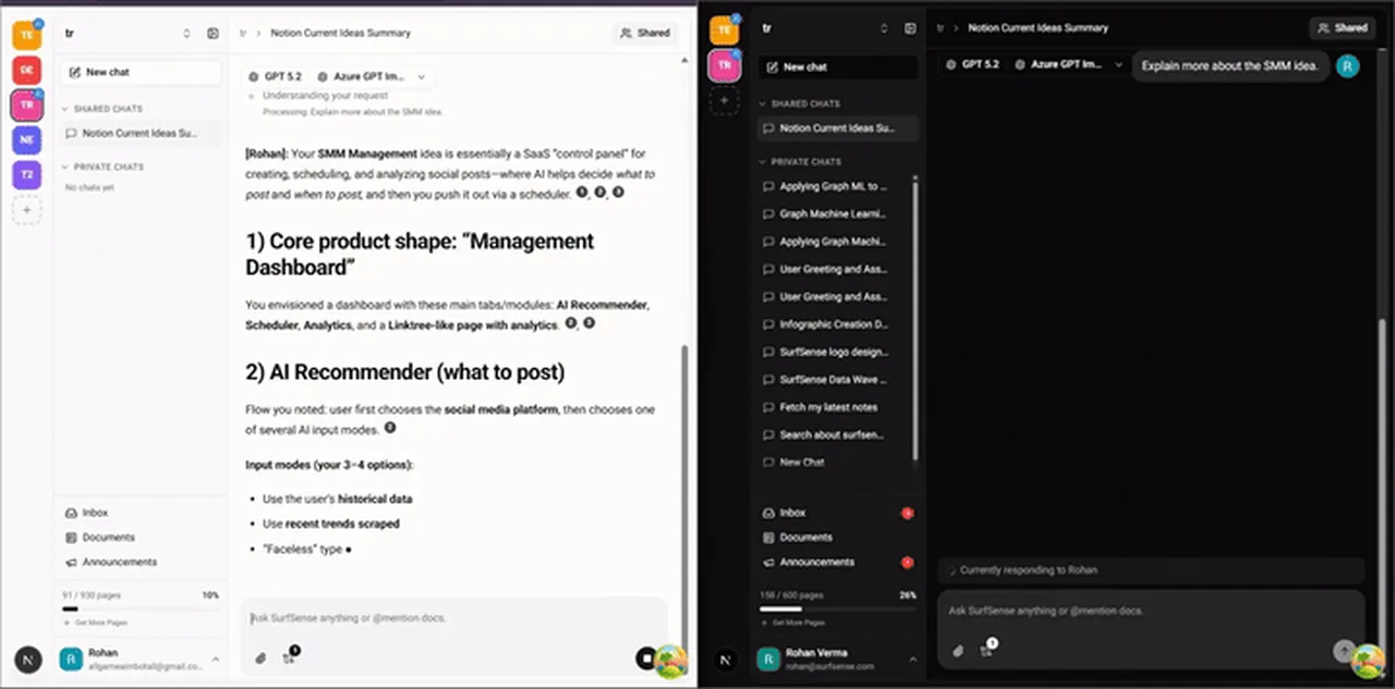 SurfSenseのリアルタイム共同チャット。チームで同じAI会話を同時編集する