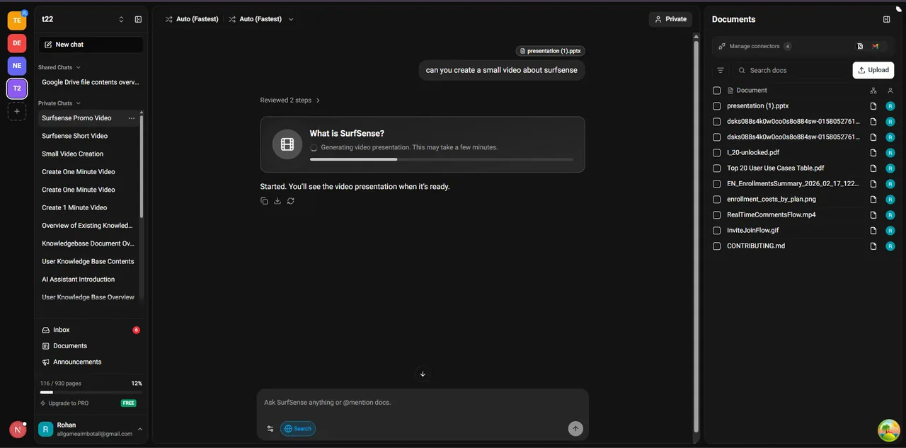 SurfSenseのプレゼン/動画生成画面。編集可能なスライドとナレーション付き動画を作る