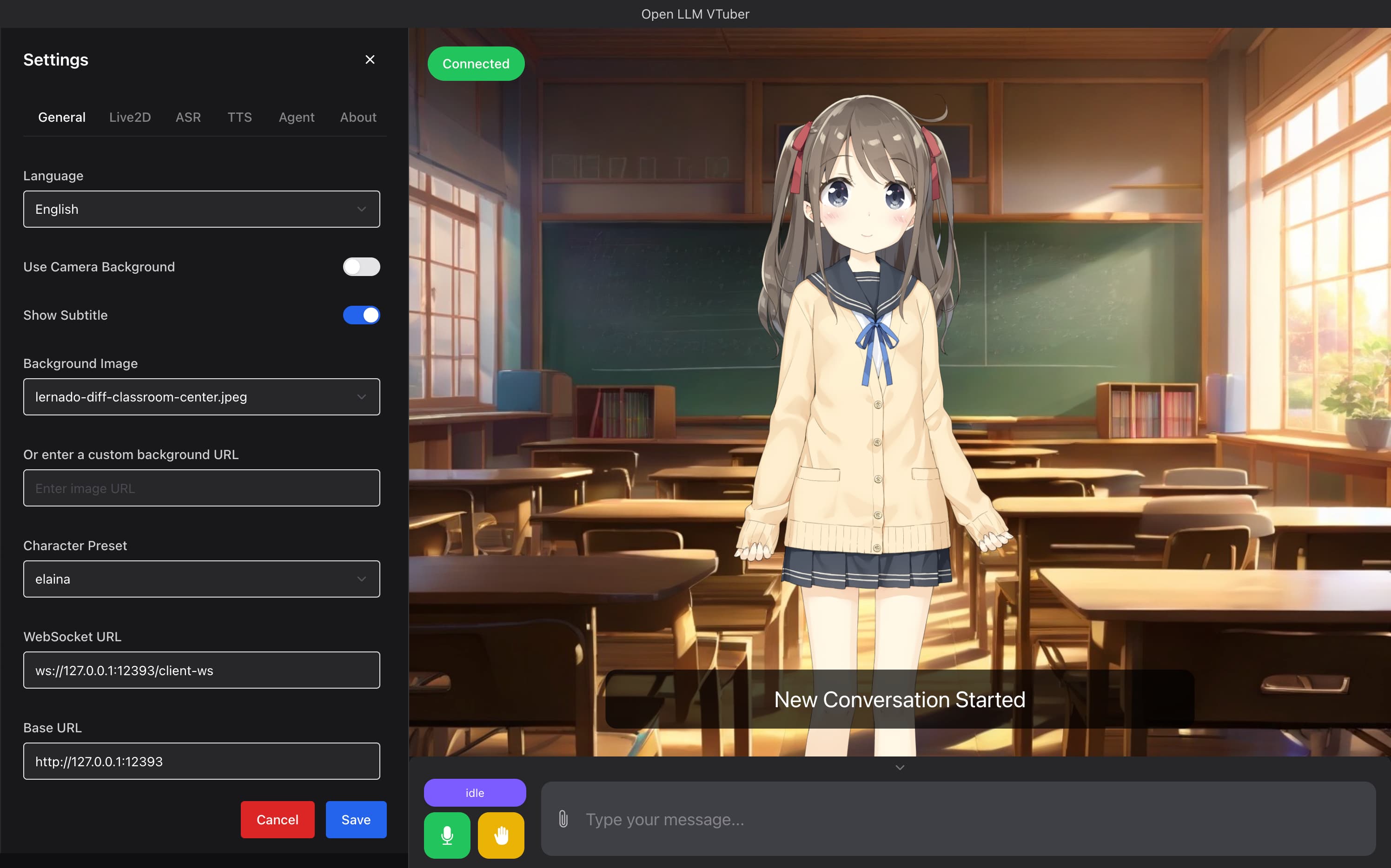 Open-LLM-VTuberの実際の画面：右にLive2Dアバター、左に設定タブ、左下にマイクと状態インジケータ