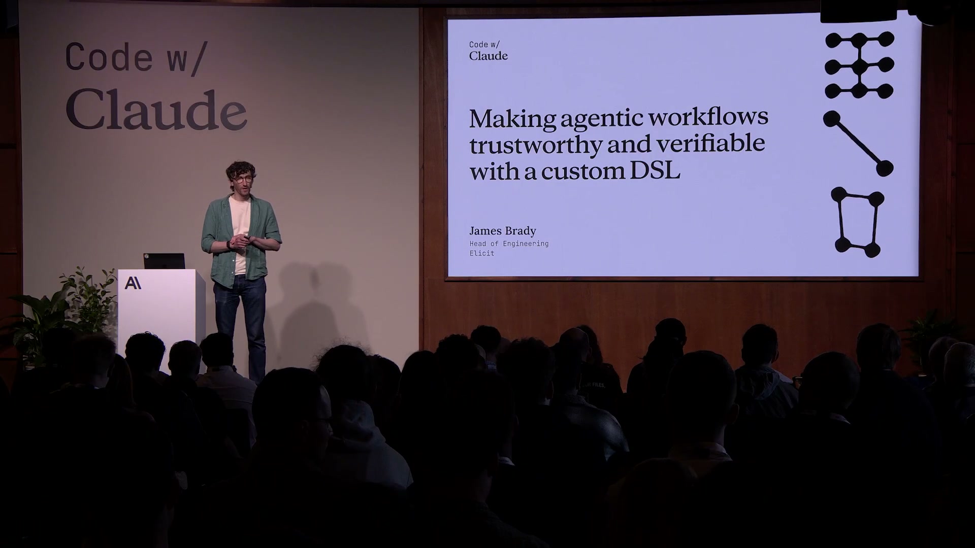 James BradyによるCode w/ Claudeセッションのタイトルスライド