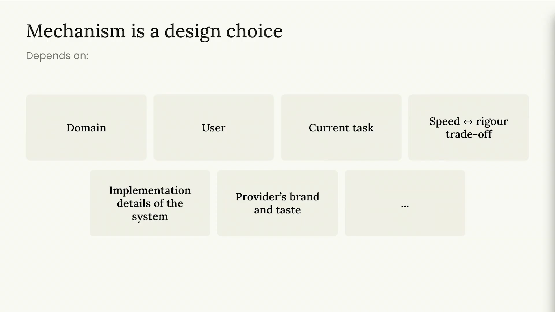 「Mechanism is a design choice」スライド：ドメイン・ユーザー・タスク・速度と厳密性のトレードオフ