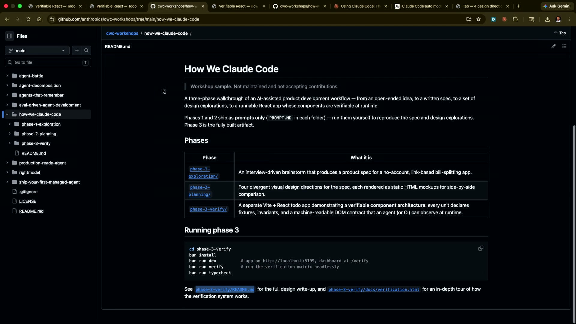 GitHub repo cwc-workshops/how-we-claude-code showing Phase 1, Phase 2, Phase 3