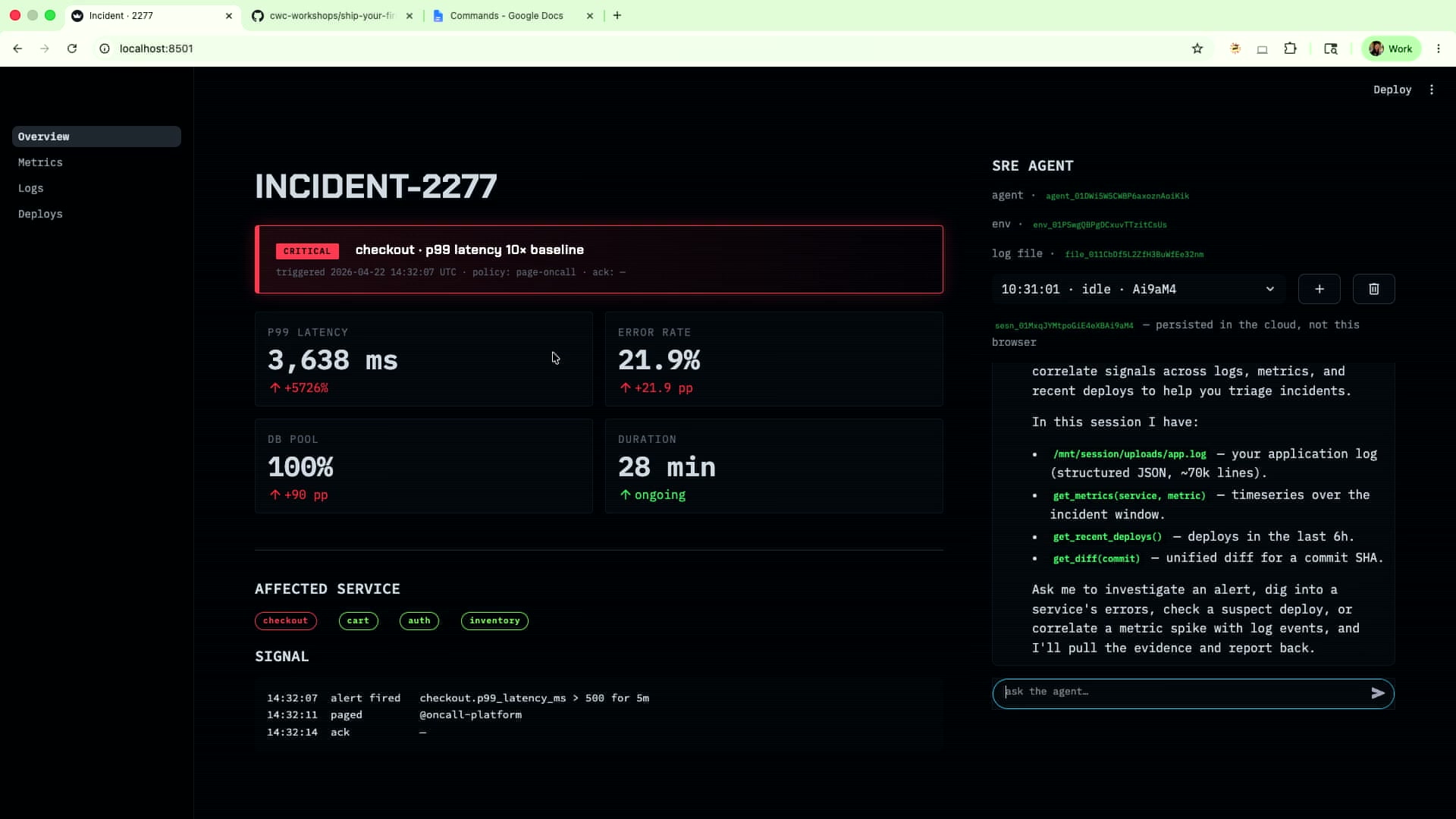 完成したSREエージェントUI。INCIDENT-2277のp99 latency 3638ms、エラーレート21.9%が表示され、エージェントが調査ツール一覧を返答している