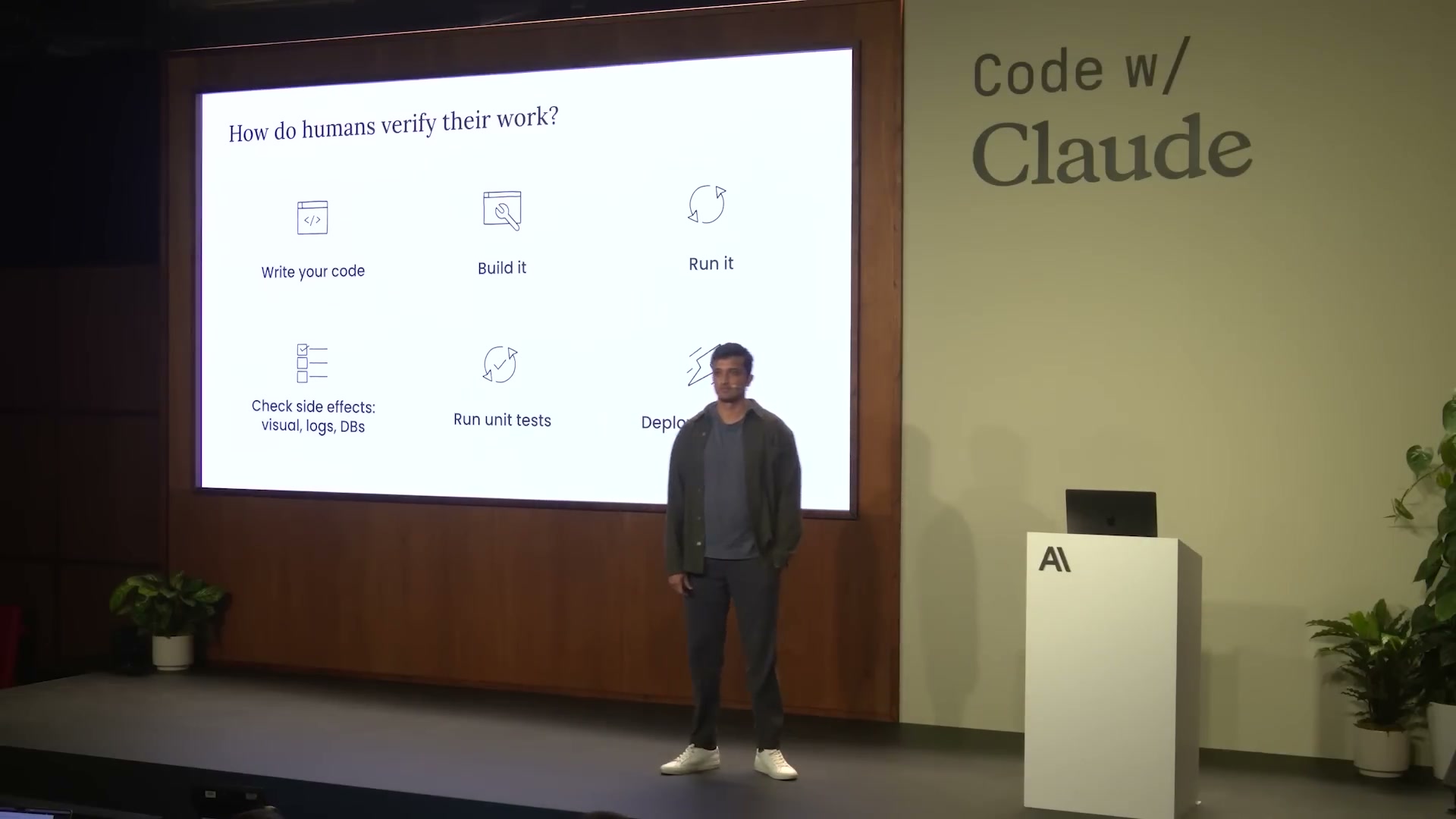 How do humans verify their work? Write your code / Build it / Run it / Check side effects: visual, logs, DBs / Run unit tests / Deploy