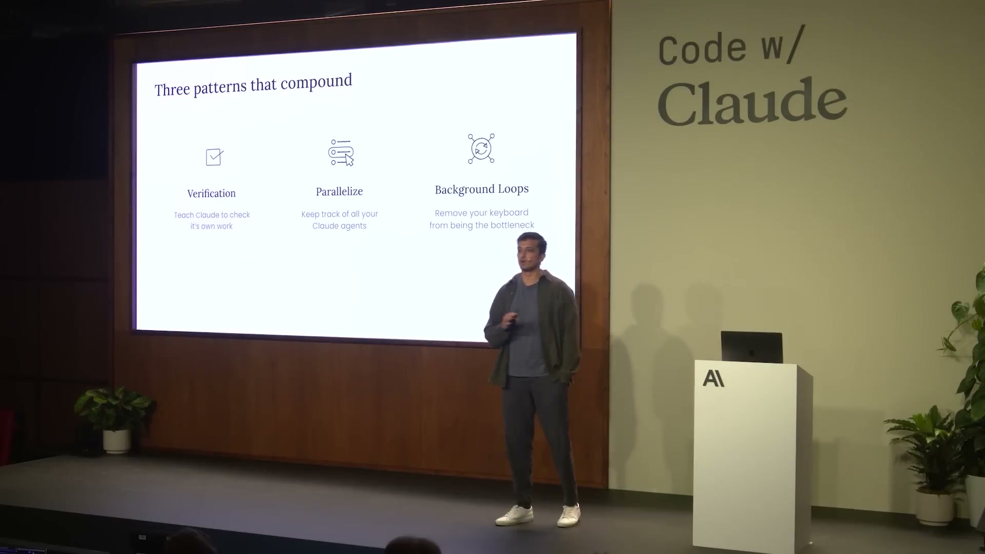 Three patterns that compound: Verification (Teach Claude to check its own work) / Parallelize (Keep track of all your Claude agents) / Background Loops (Remove your keyboard from being the bottleneck)