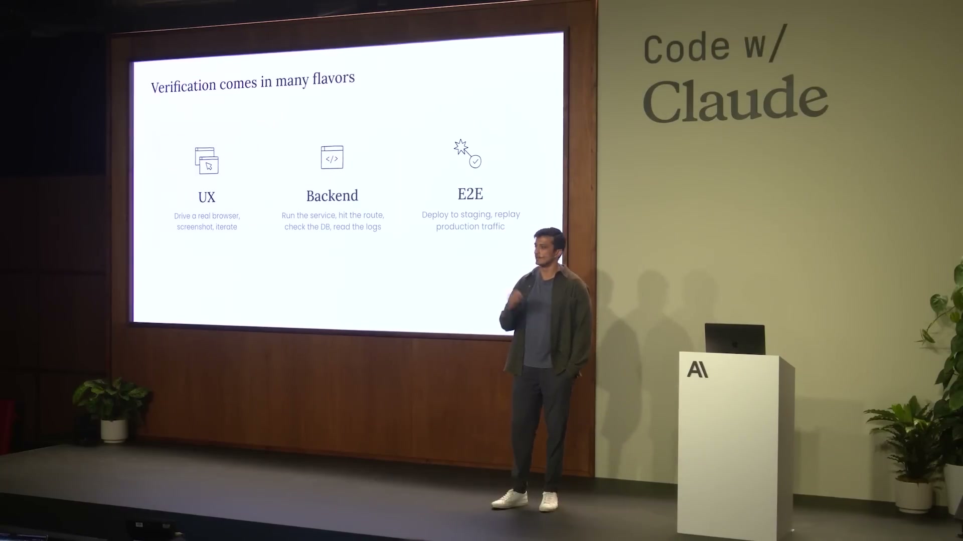 Verification comes in many flavors: UX (Drive a real browser, screenshot, iterate) / Backend (Run the service, hit the route, check the DB, read the logs) / E2E (Deploy to staging, replay production traffic)