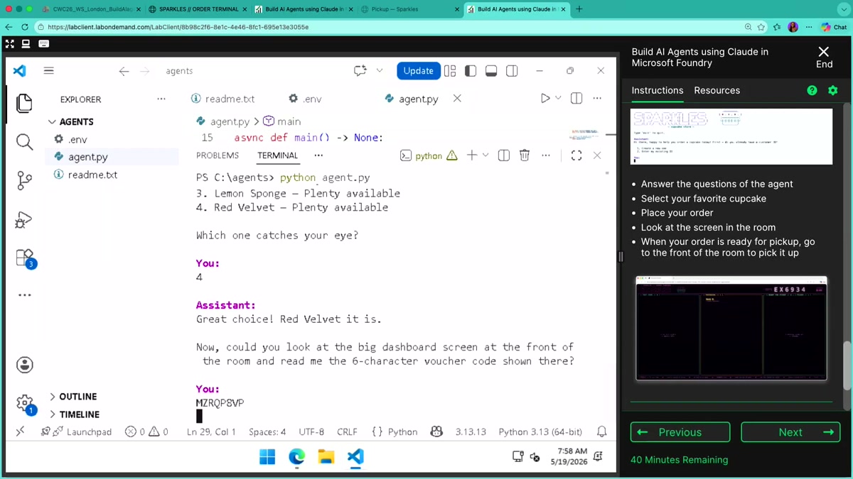 Microsoft Foundryワークショップのライブデモ — Cupcakeエージェントがフレーバーを案内してRedVelvetを注文