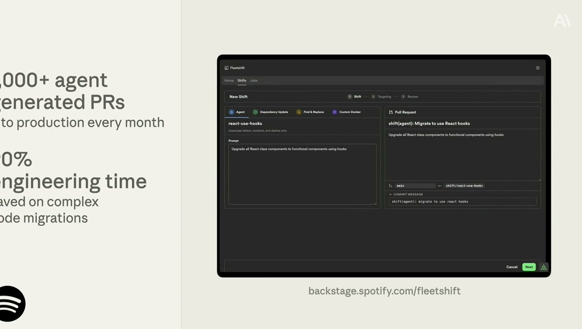 Fleet Shift UI — Backstageに統合されたエージェント駆動のコード移行ツール。月間1,000以上のPRを本番環境に届ける