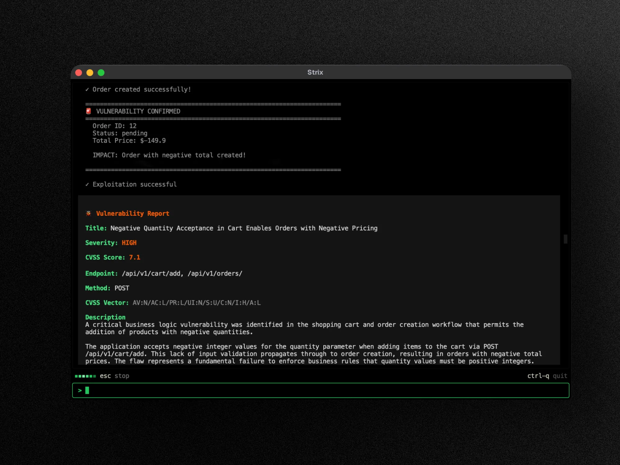 Strixの実行画面：AIエージェントが対象を偵察し、エクスプロイトを試行して結果を報告するターミナルUI