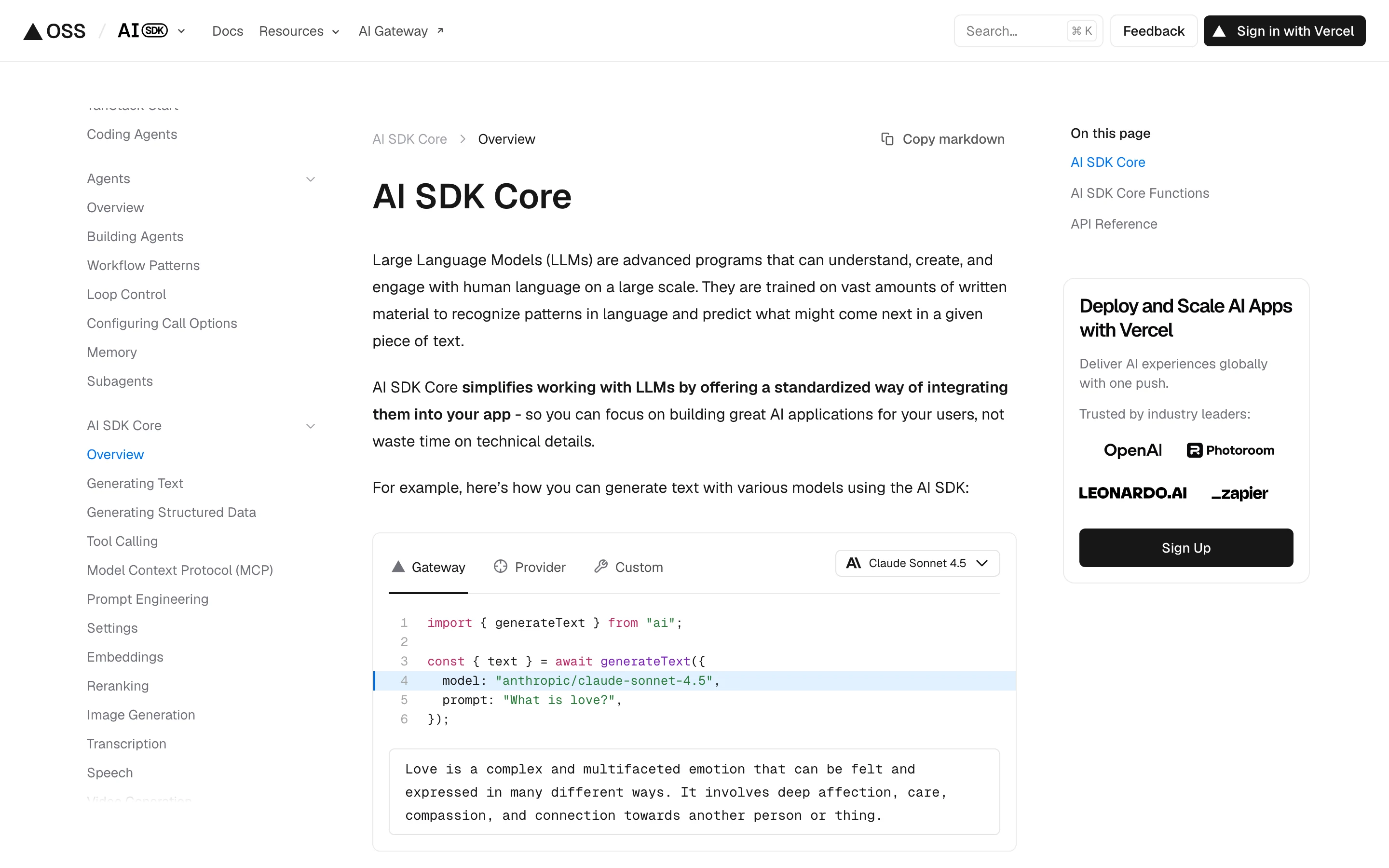 ai-sdk.dev のAI SDK Core概説ページ。generateTextとstreamTextの説明