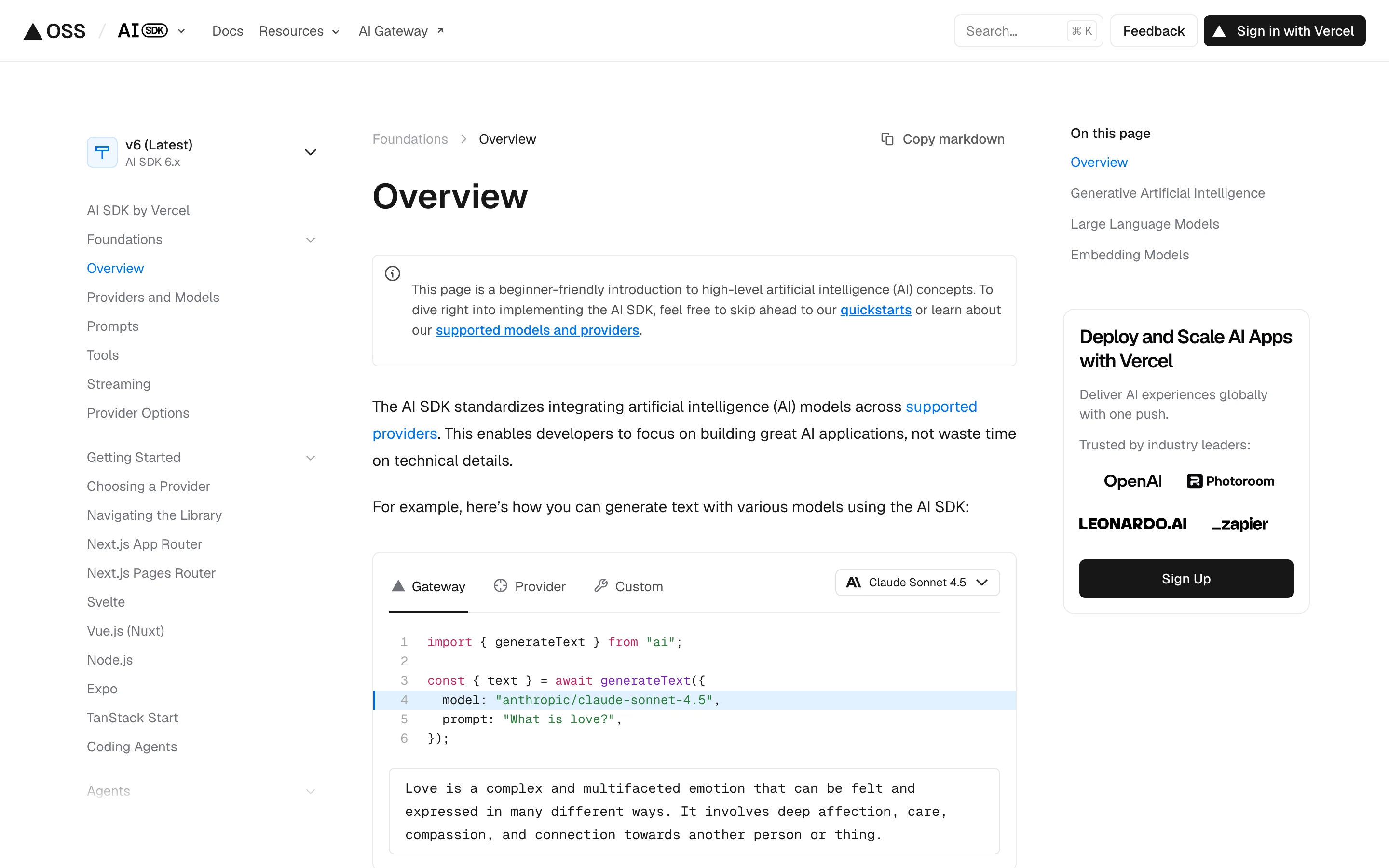 ai-sdk.dev のドキュメント。左にFoundations・Getting Started・Agentsの章、中央にプロバイダ抽象の説明