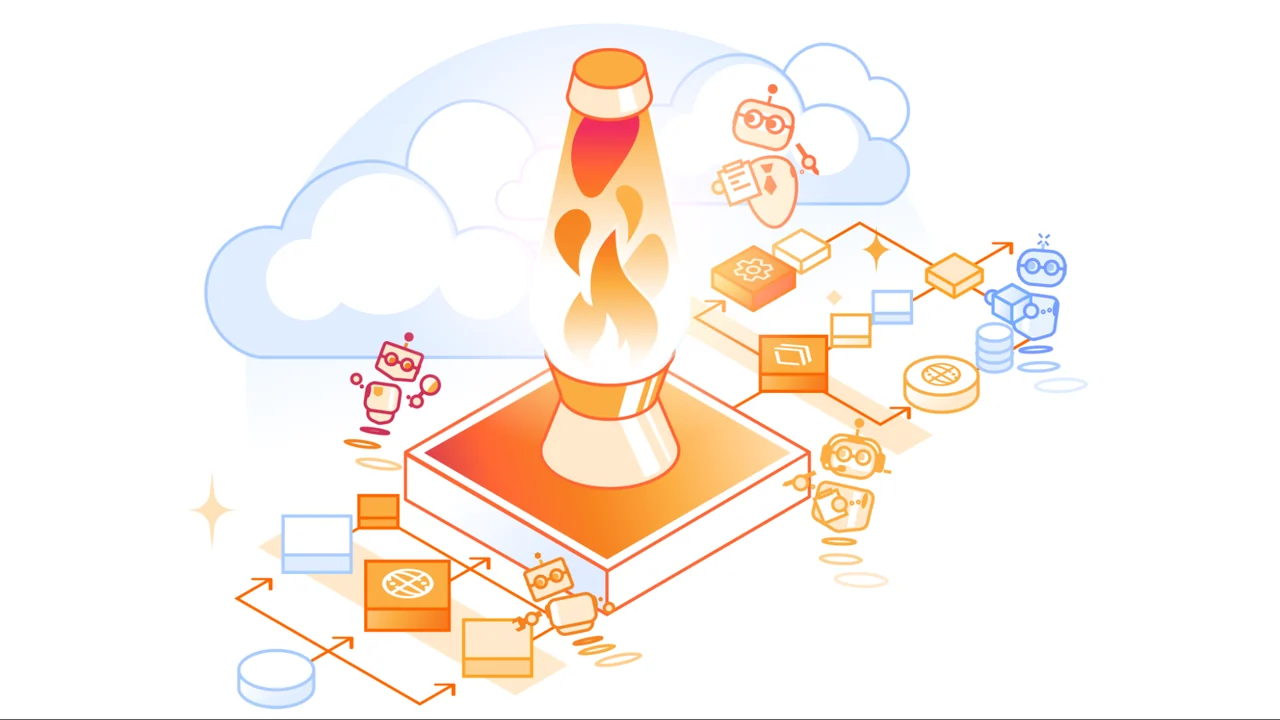 Flueを象徴するラバランプがCloudflareのプラットフォーム上に置かれ、周囲をエージェントや各種サービスのアイコンが取り囲むCloudflareブログのカバーイラストFlue