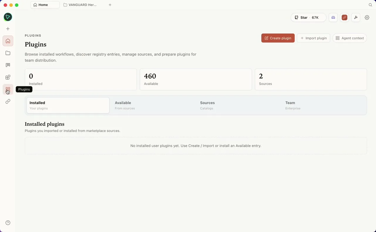 プラグイン画面。右上に『Star · 67K』、統計は0 Installed・460 Available・2 Sources