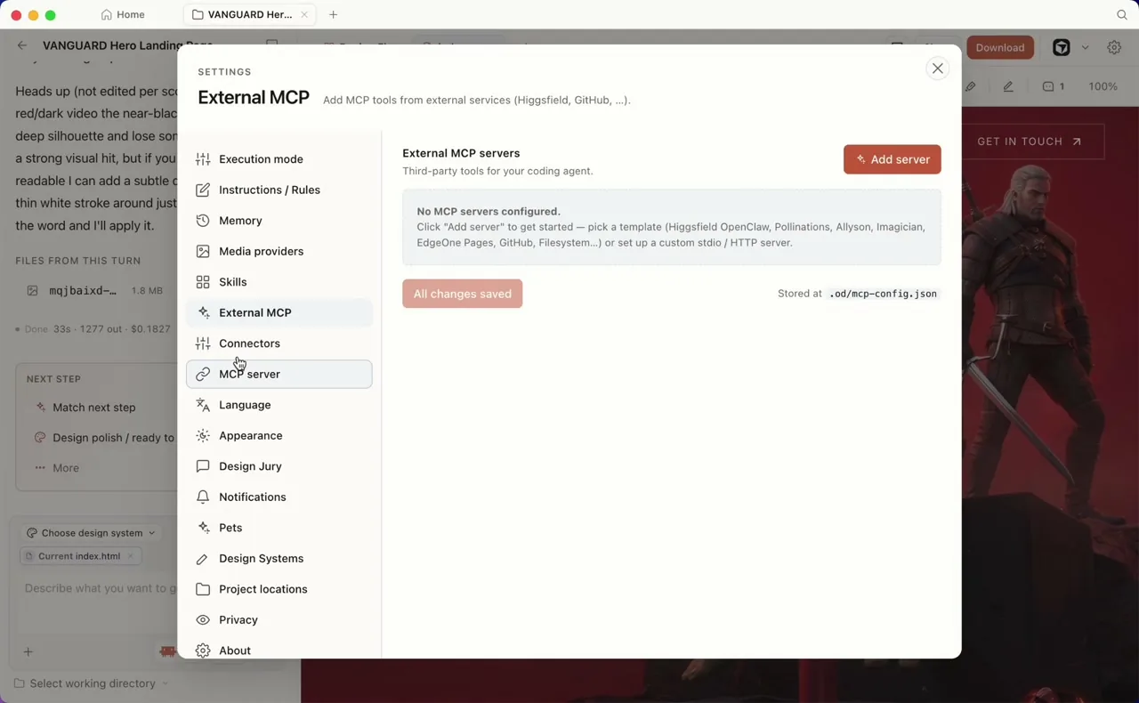 設定のExternal MCP画面。Higgsfield・GitHubなどのMCPツールを追加でき、設定は.od/mcp-config.jsonに保存される