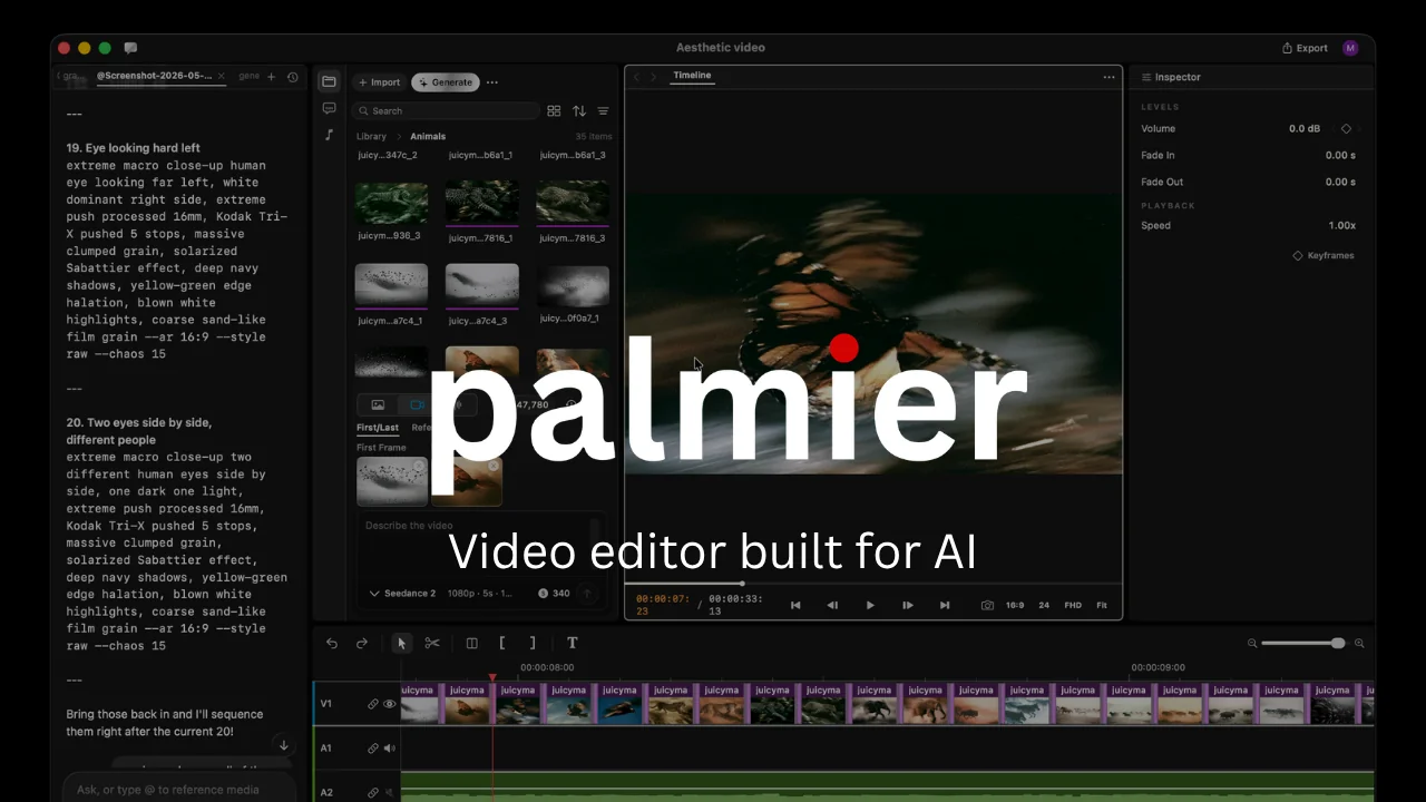 palmier-proのUI。左にメディアライブラリ、中央にプレビュー、下部にタイムライン、右にエージェントチャットを配置した動画エディタ画面