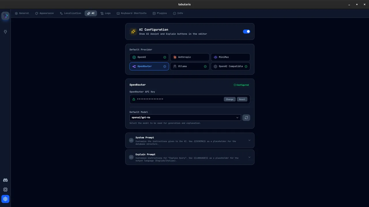 tabularis のAIアシスタント。自然言語の指示からSQLを生成する画面