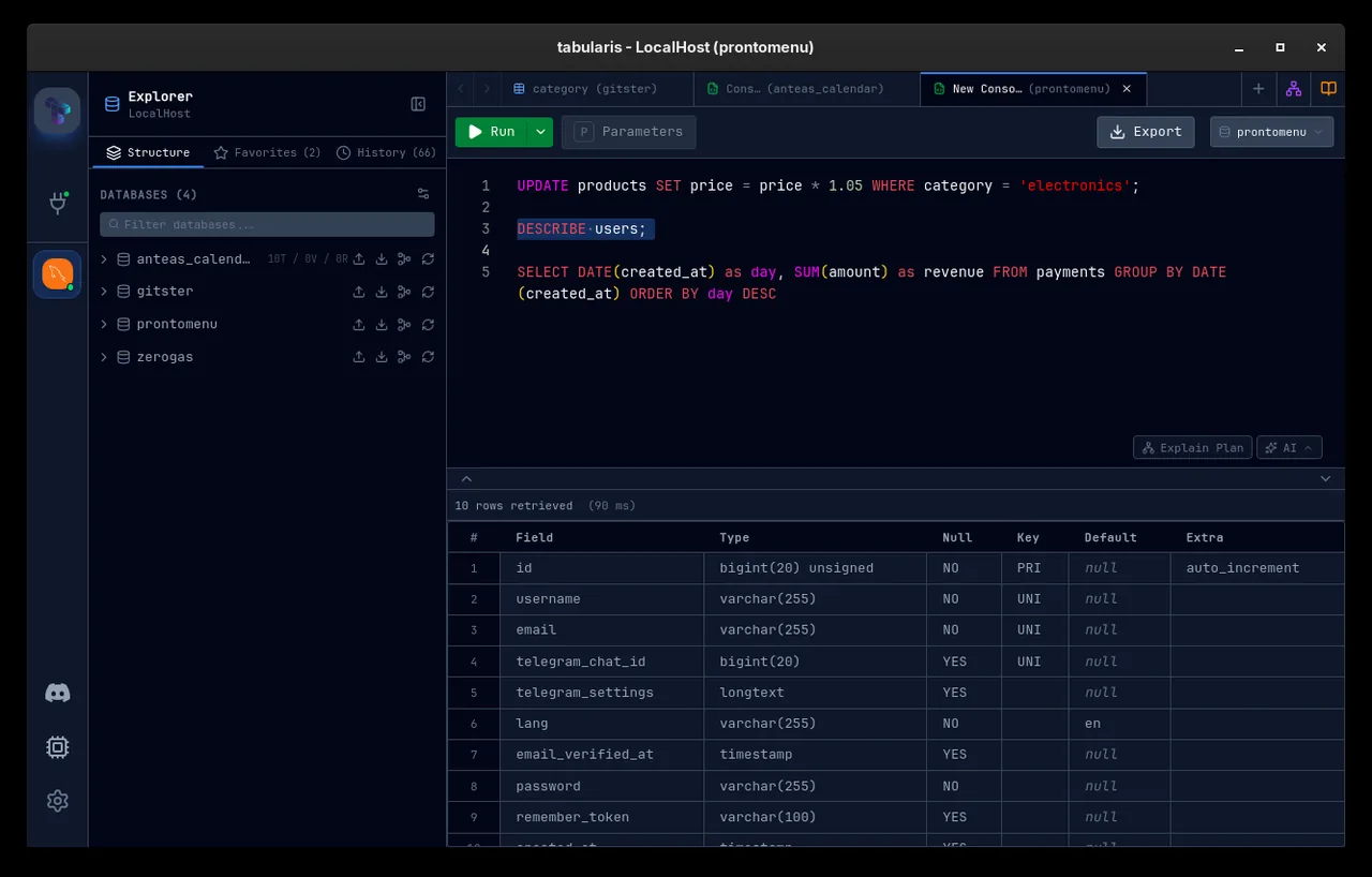 tabularis のデータベースエクスプローラ。左ツリーにテーブルとカラムが並ぶ