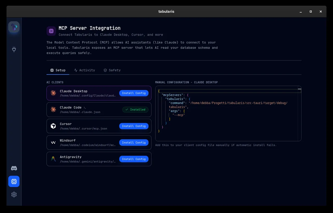 tabularis のMCP Server Integration設定画面。クライアントごとにInstall Configボタンが並ぶ