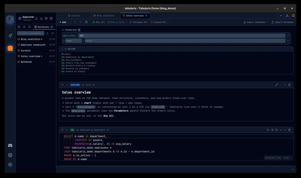 tabularis のSQLノートブック。SQLセルとチャート、Markdownセルが縦に並ぶ
