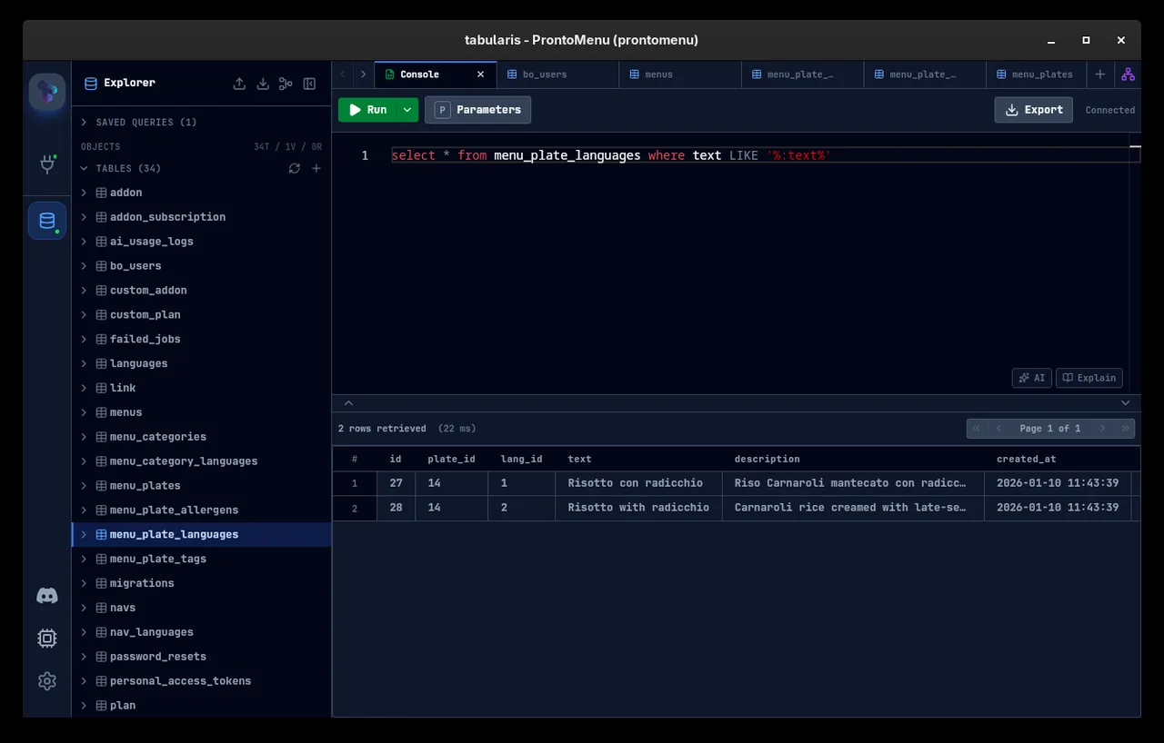 tabularis のSQLエディタとデータグリッド。クエリ結果が下部のグリッドに表示される