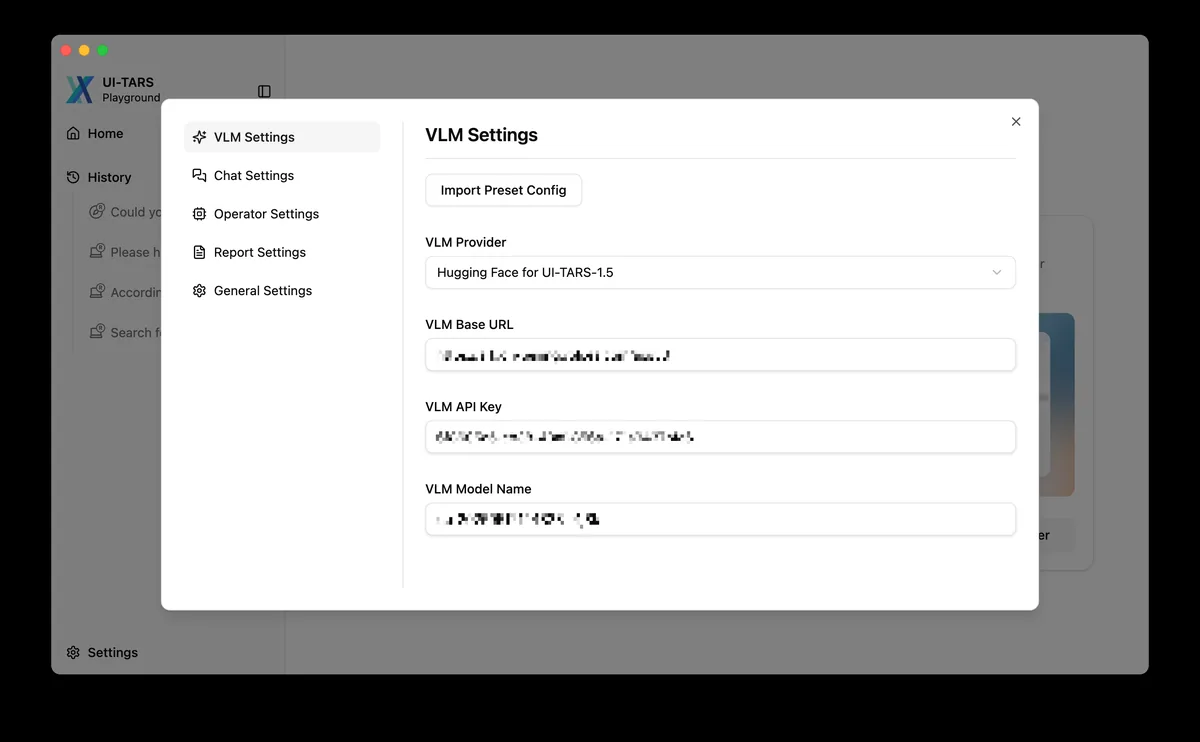 UI-TARS-desktopの設定画面でVLM Provider・Base URL・API Keyを入力する様子