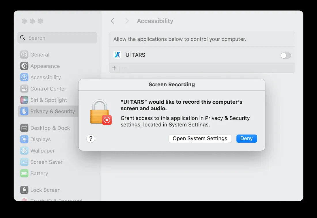 macOSでUI-TARSにアクセシビリティと画面収録の権限を付与する設定画面
