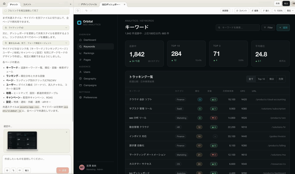 Claude Designで生成したSEOダッシュボード — KPIカード・チャート・地域別ヒートマップ・設定画面