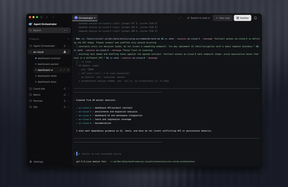 project orchestratorが複数のworkerを調整し、それぞれに絞った文脈を渡している画面