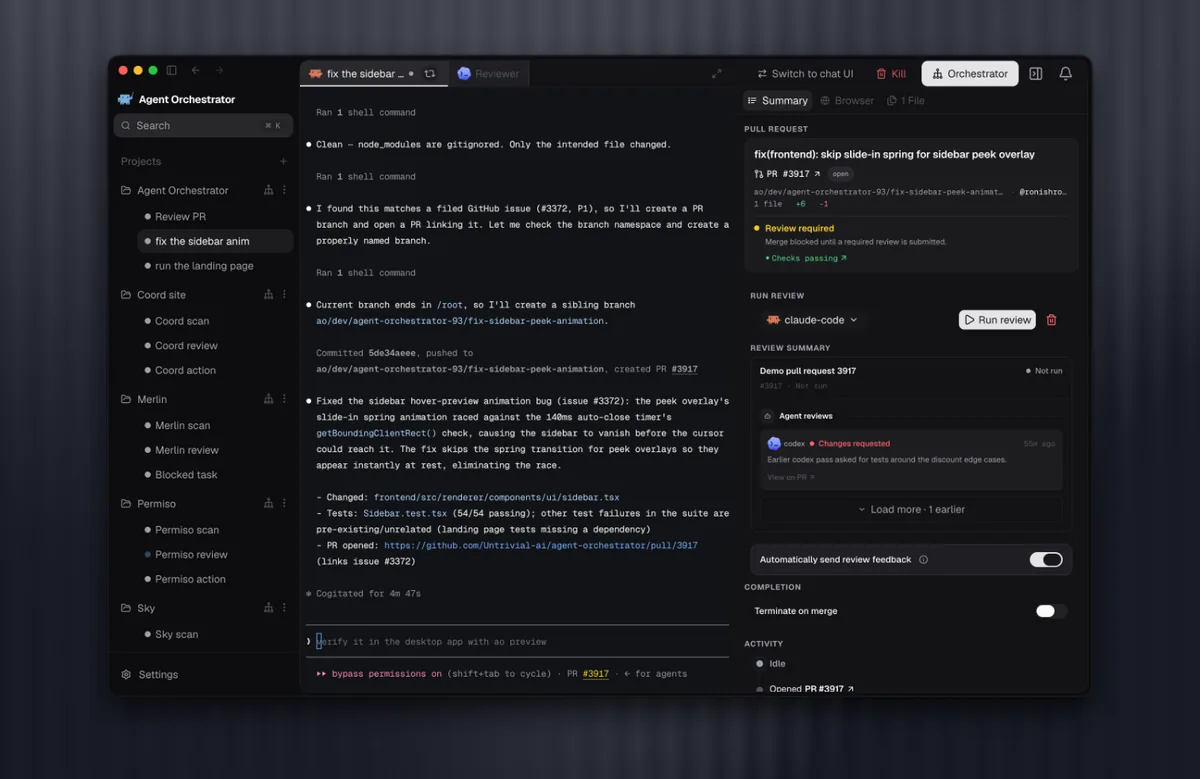 workerのセッション画面にPR・CI・レビュー状態とエージェントレビューが並んで表示されている