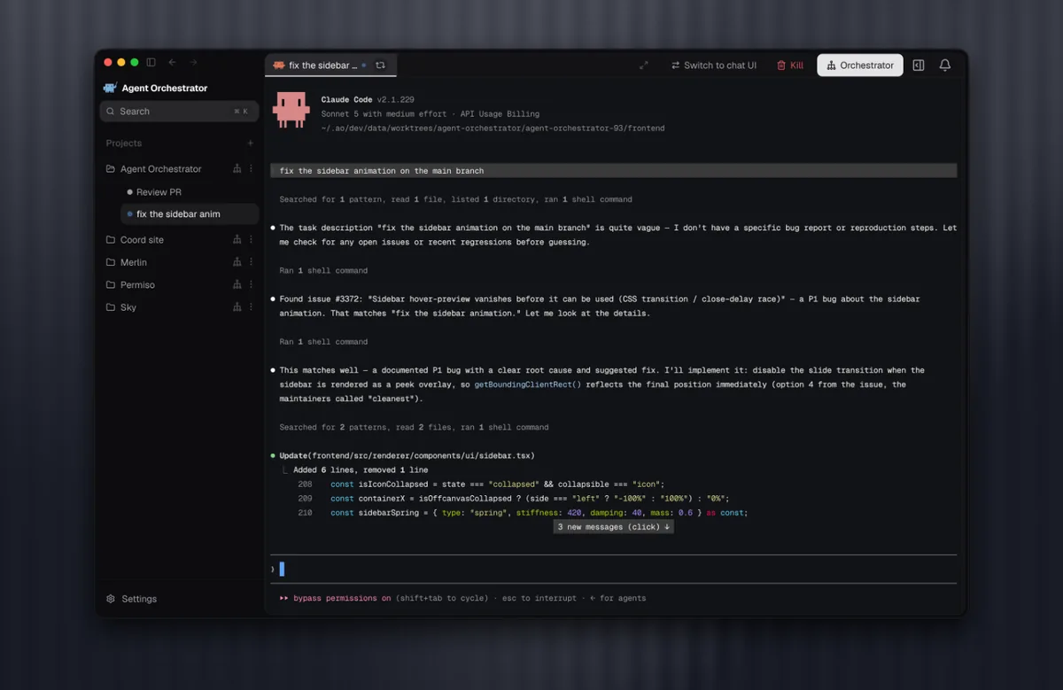 AO内でコーディングエージェントのネイティブなターミナルUIがそのまま動いている画面