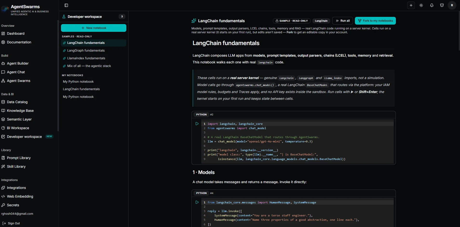 AgentSwarmsのDeveloperワークスペース。読み取り専用のサンプルノートブック「LangChain fundamentals」が開かれ、実行可能なPythonセルが並んでいる