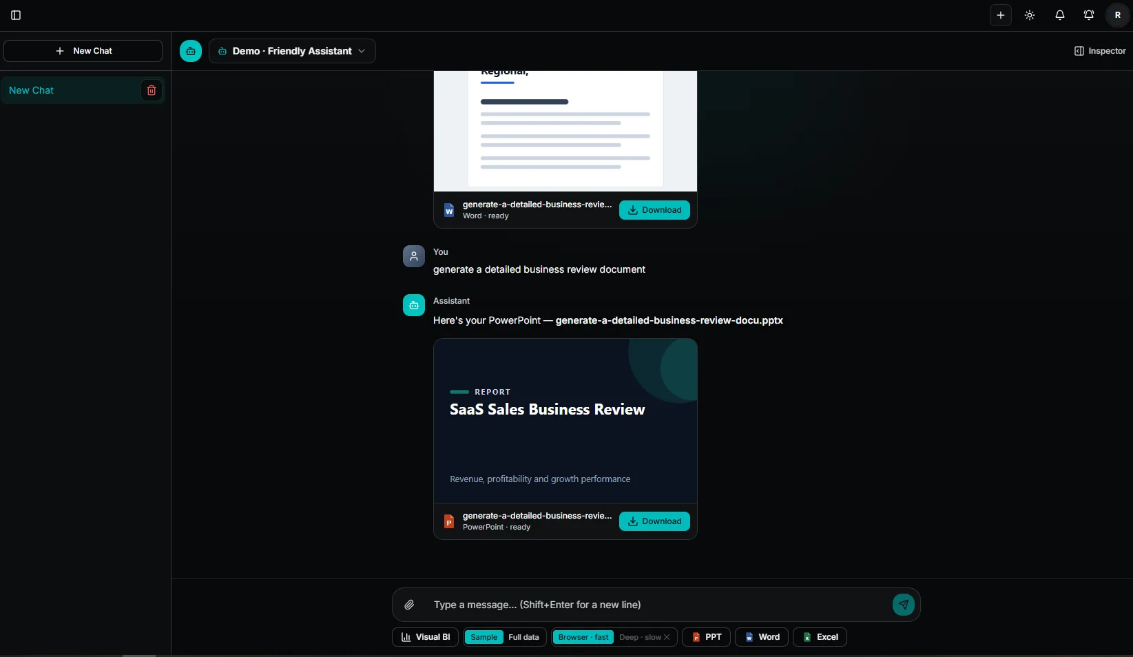 AgentSwarmsのエージェントチャットが生成したWord文書とPowerPointスライド。それぞれプレビューのサムネイルとダウンロードボタンが表示されている