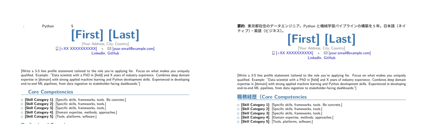 同梱CVテンプレートに日本語を入れてコンパイルした比較。左はそのままのテンプレートで冒頭の日本語行が完全に消えている。右はluatexja-fontspecとNoto Sans CJK JPを足したもので、日本語の要約文と職務経歴の見出しが正しく表示されている
