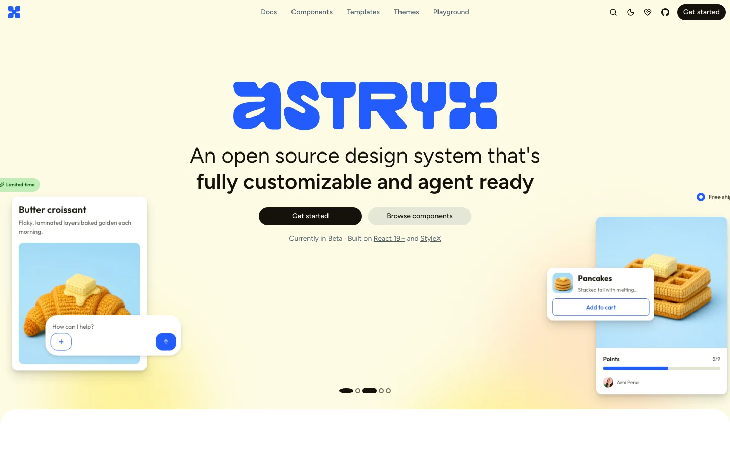 Astryx公式ドキュメントサイトのトップページ。「An open source design system that's fully customizable and agent ready」の見出しと、実際のコンポーネントで組まれた商品カード・チャット入力などのプレビューが並ぶ