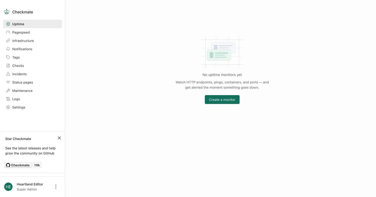 実際にセルフホストしたCheckmateの初回画面。Uptime/Infrastructure/Status pages等のナビゲーションが並ぶ