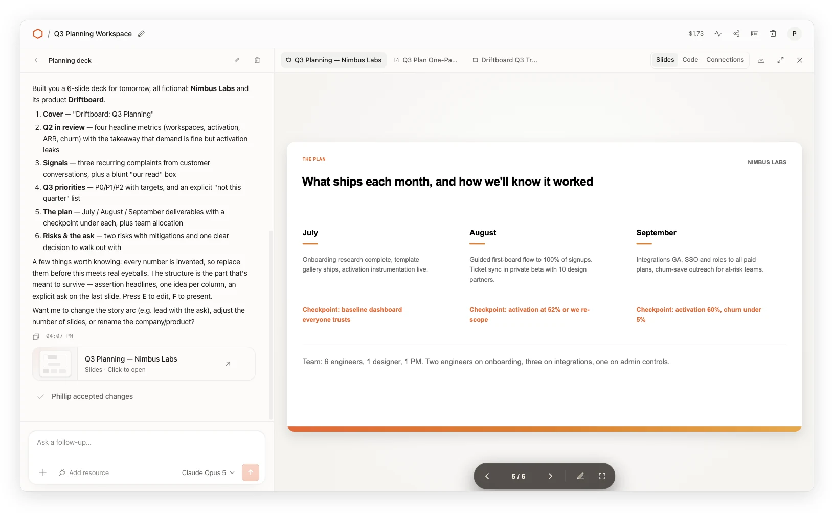 Cloudflare OSのQ3計画ワークスペース画面。左にチャット、右にAIが生成したスライドデッキが表示されている