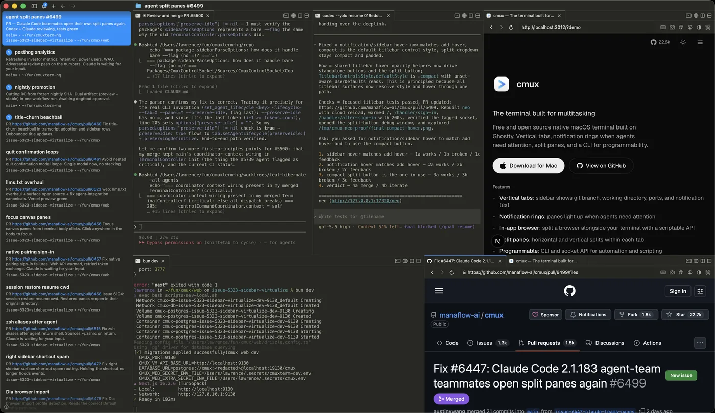 cmuxのメイン画面。左に縦タブのサイドバー、右に分割されたターミナルペインが並ぶ