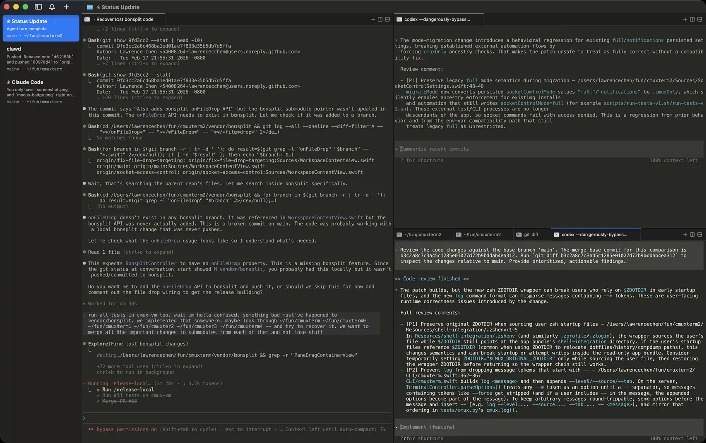縦タブと横タブ、および縦横の分割ペインが同時に表示されたcmuxの画面