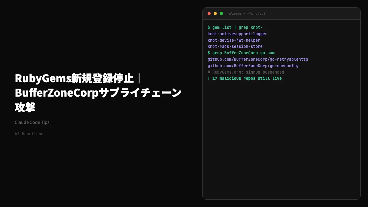 RubyGems新規登録停止｜BufferZoneCorpサプライチェーン攻撃の全容と該当パッケージ確認手順 - AIツール日本語解説 | AI Heartland