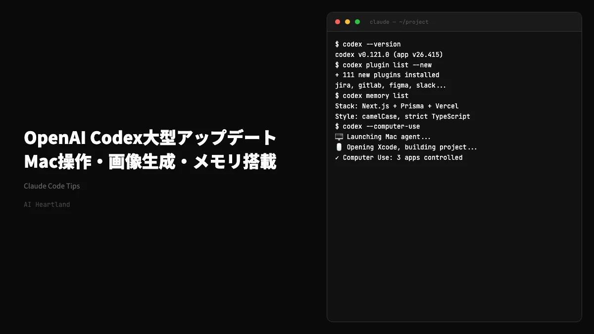 OpenAI Codex大型アップデート：Mac操作・画像生成・メモリ搭載でClaude Code対抗へ