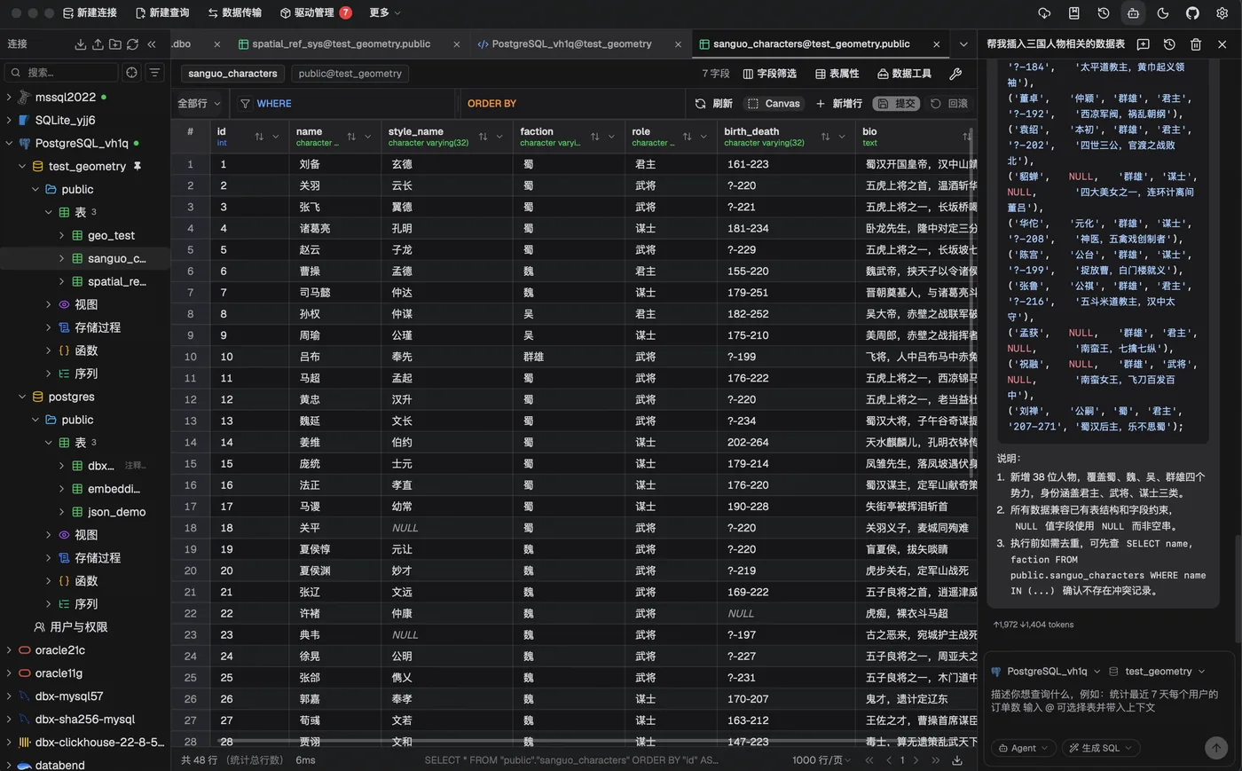 dbxのダークテーマ画面。SQLエディタと実行結果