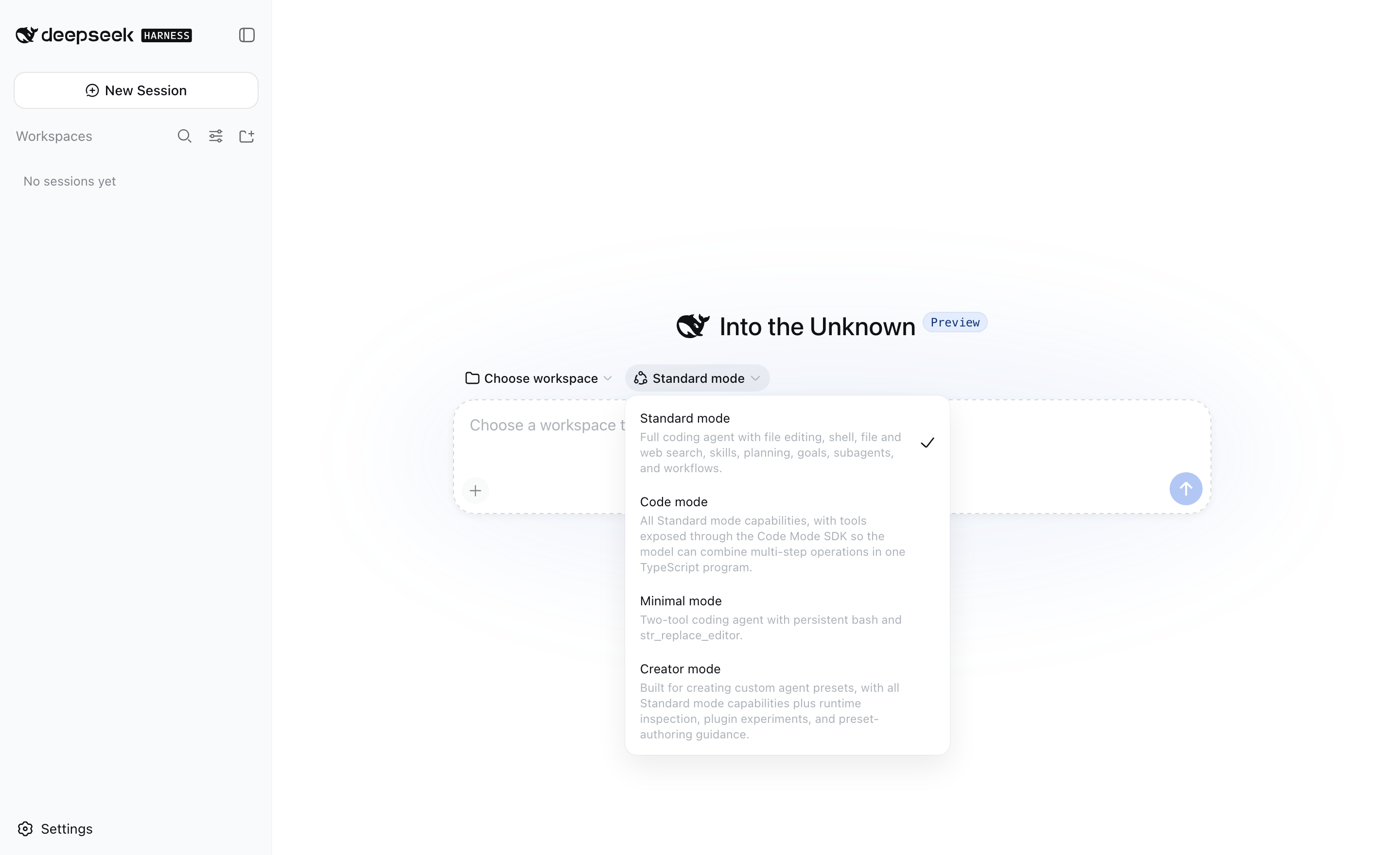 DeepSeek HarnessのWeb UI。エージェント・プリセットの選択メニューにStandard / Code / Minimal / Creatorの4モードが並ぶ